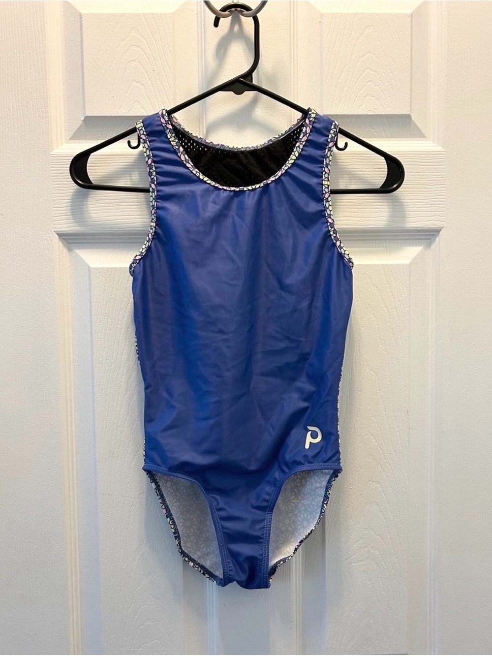 Plum Gymnastics Black Mesh Racer Back  Blue Leotard, adult small